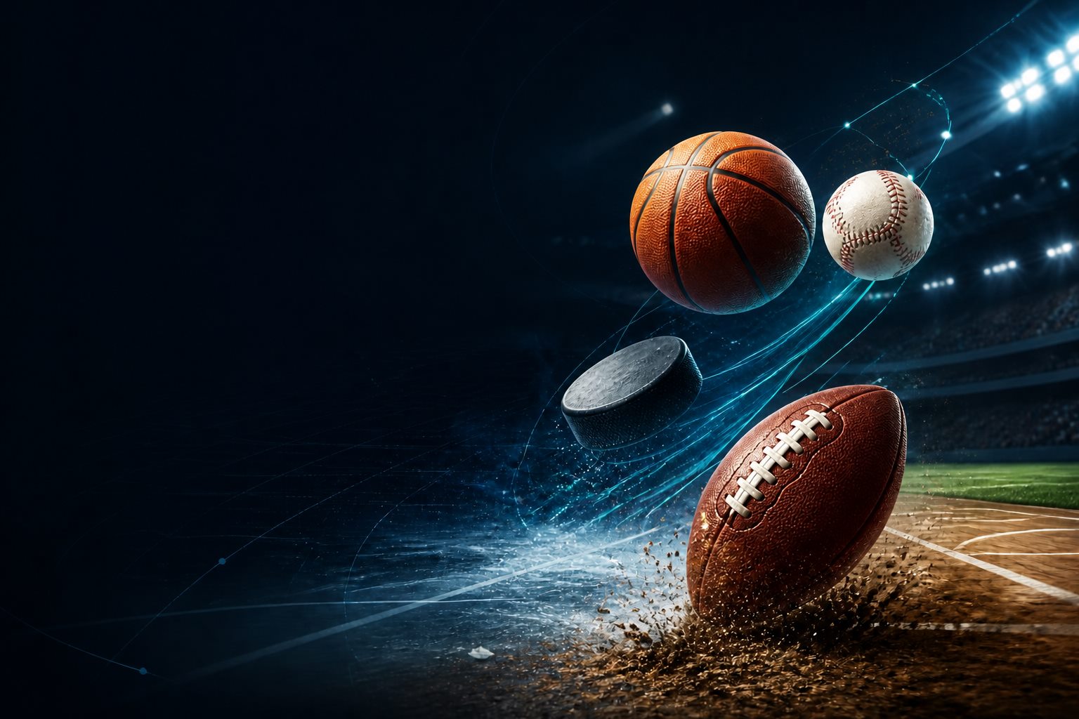 Baseball, basketball, football, and hockey equipment in an original stadium setting